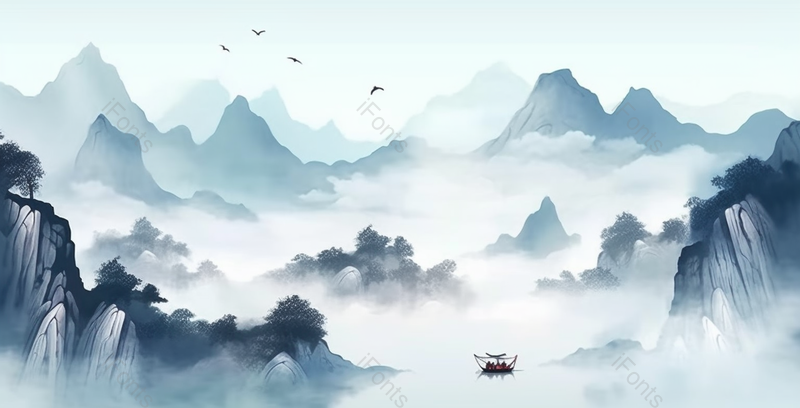 新中式蓝色水墨云景意境山水画,插画/手绘图,插画/手绘图库,插画/手绘图下载,插画/手绘